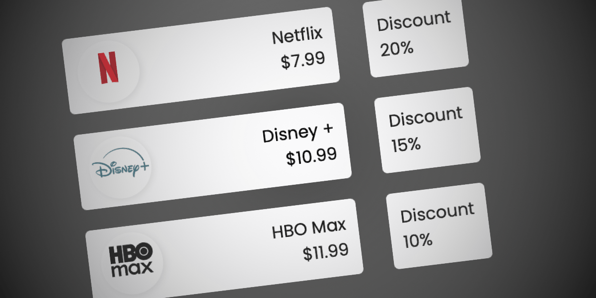 Three cards displaying streaming services with a base monthly price and a discounted price.