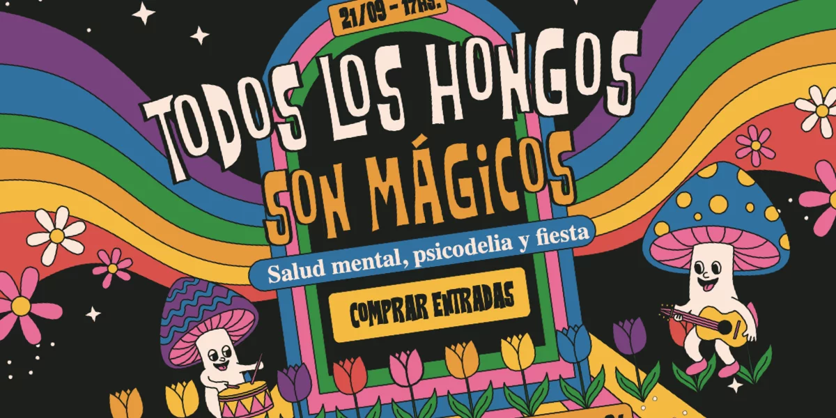 A wildly colorful SVG for a psychedelic event in Spanish featuring mushroom, flower, and rainbow illustrations