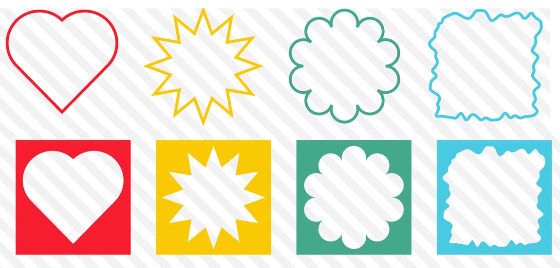 Eight examples of CSS shapes, including two red hearts, two yellow sunbursts, two floors, and two blue jagged rectangles, the latter of each is a cutout against a solid background.