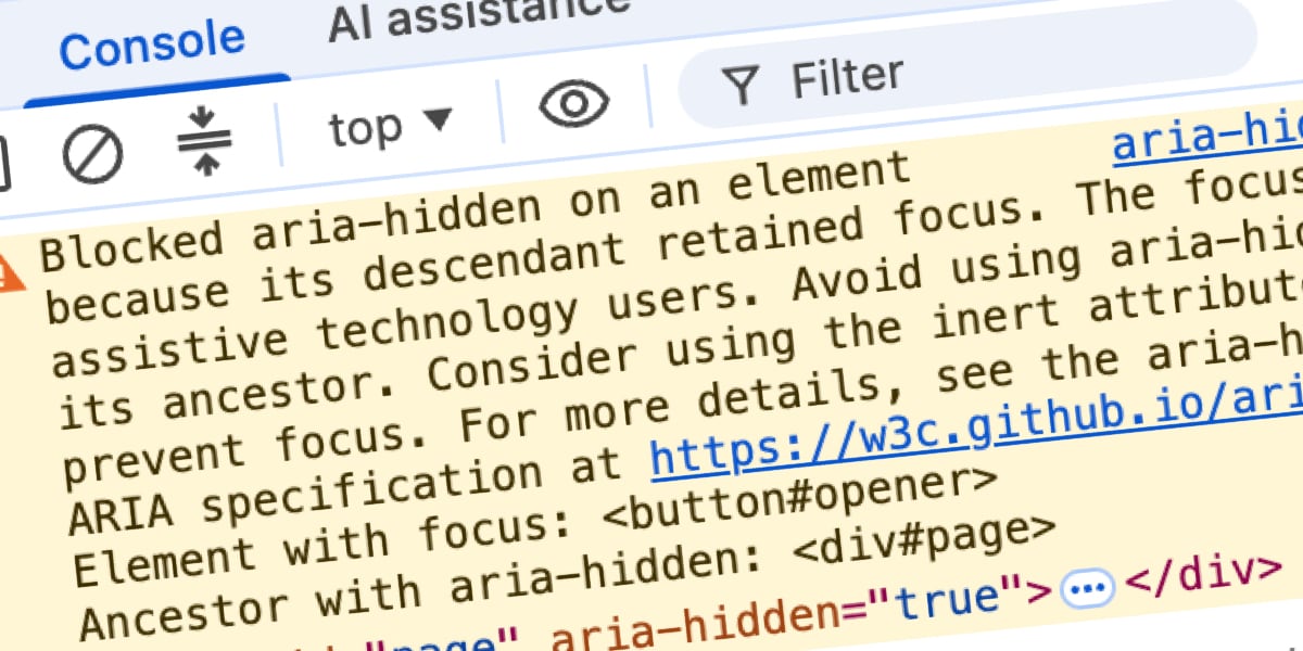 Chrome DevTools with the modal open: the #page wrapper carries aria-hidden="true" (see the console warning naming the focused button), yet its entire subtree — including the focusable links — is still exposed in the accessibility tree, because a focused element remains inside it.